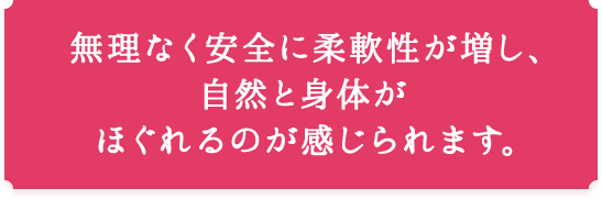 無理なく安全に柔軟性が増し、自然と身体がほぐれるのが感じられます。